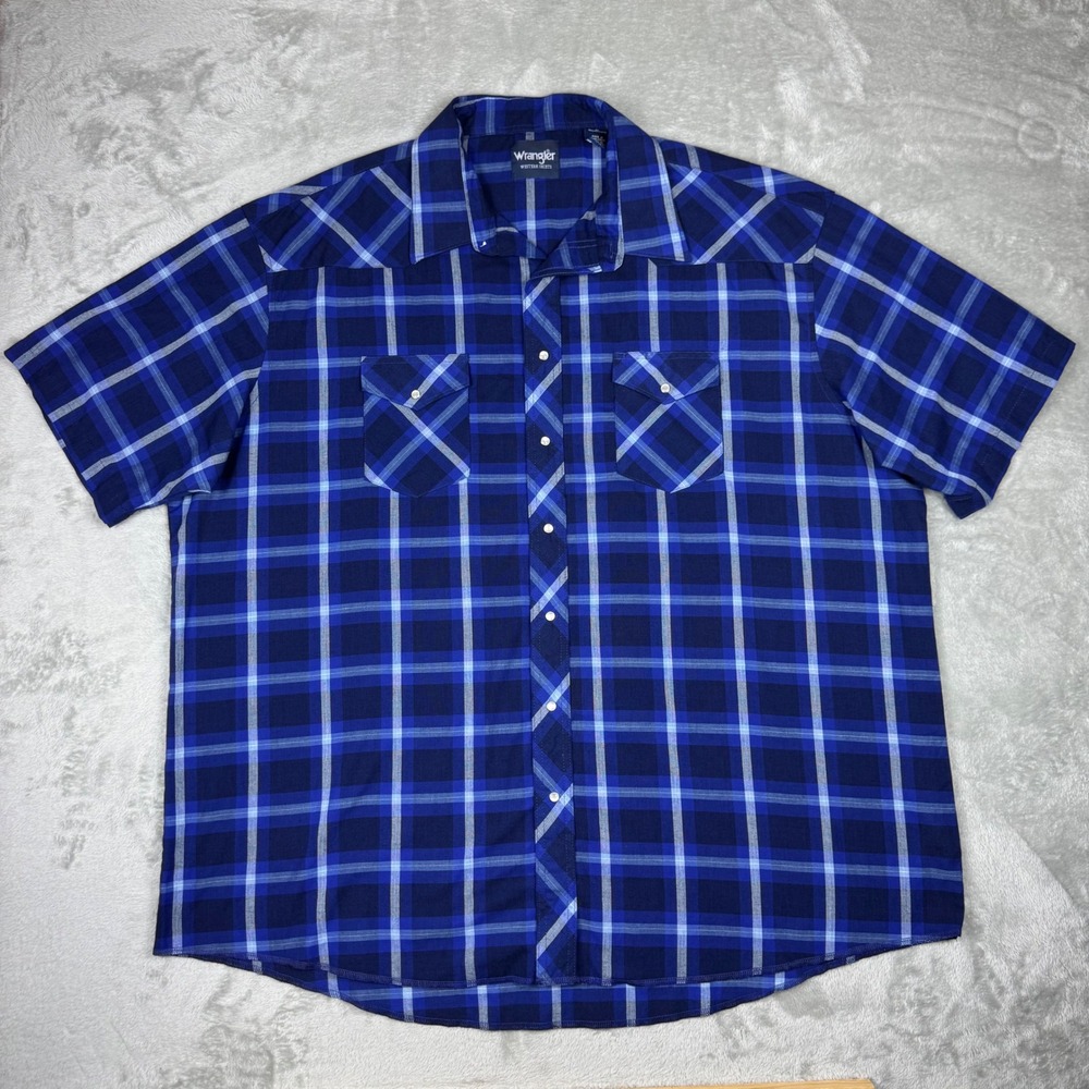Wrangler Western Shirt Men's Size 20 Tall Blue Plaid Pearl Snap Short Sleeve